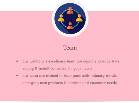 Team •	our welldone’s excellence team are capable to undertake supply & install contracts for your needs •	our team are trained to keep pace with industry trends, emerging new products & services and customer needs